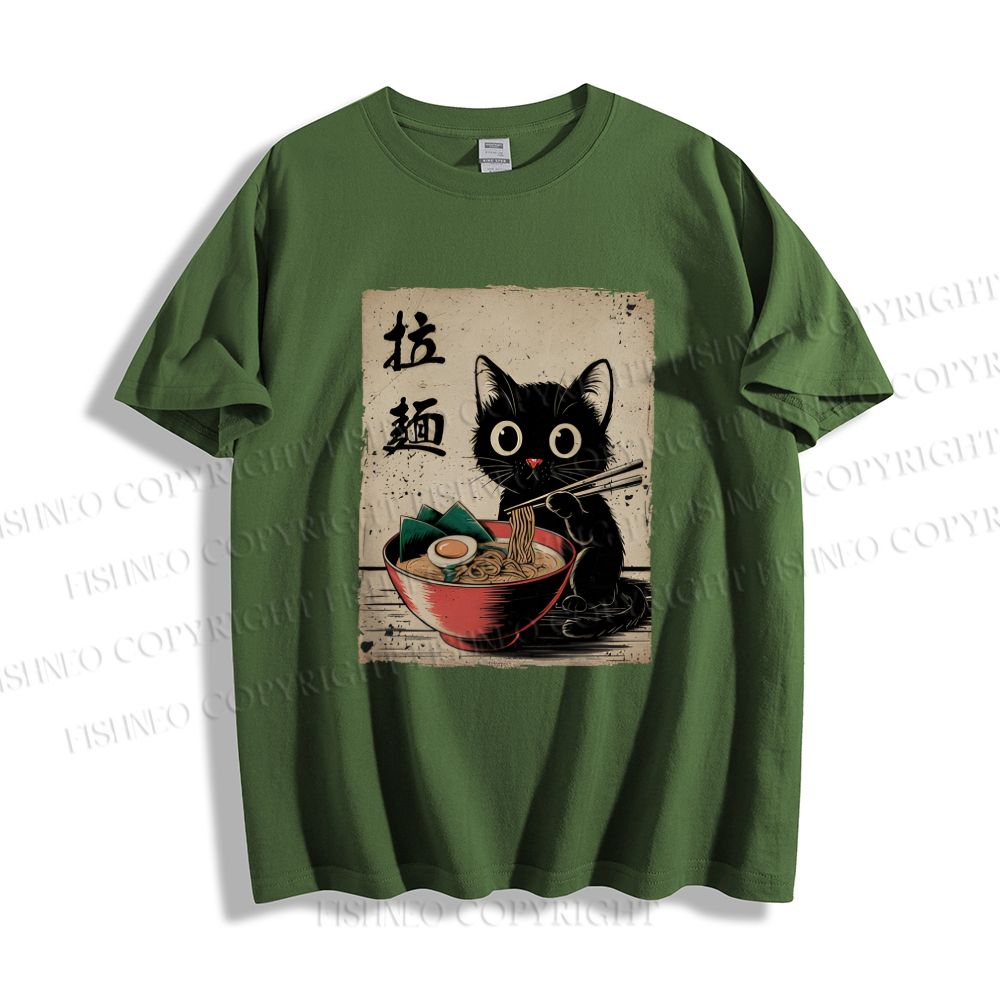 Unisex Classic Adorable Black Cat Enjoying Ramen Printed Cotton Printed T-shirt