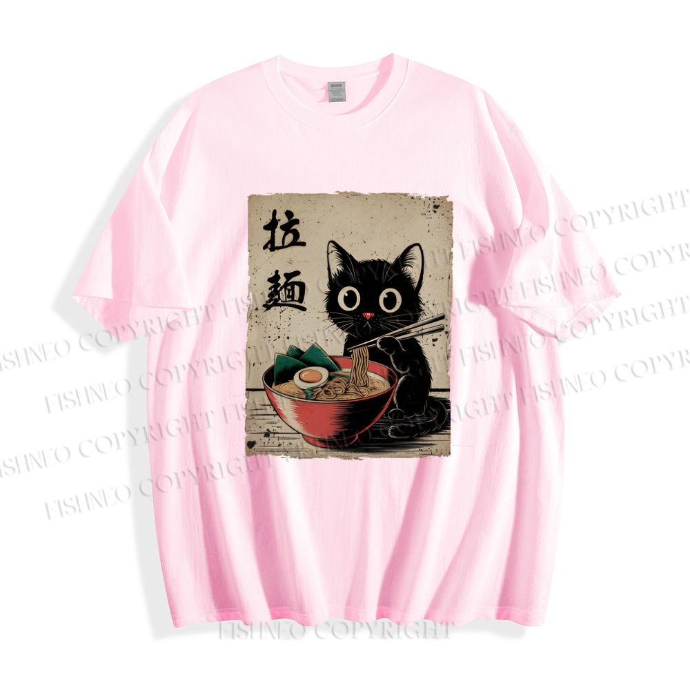 Unisex Classic Adorable Black Cat Enjoying Ramen Printed Cotton Printed T-shirt