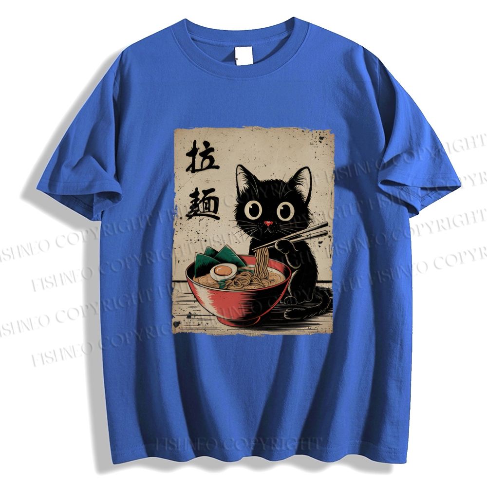 Unisex Classic Adorable Black Cat Enjoying Ramen Printed Cotton Printed T-shirt