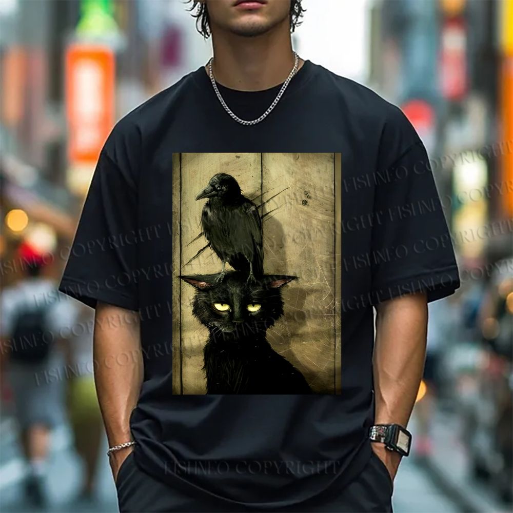 Unisex Classic Crow And Black Cat Cotton Printed T-shirt