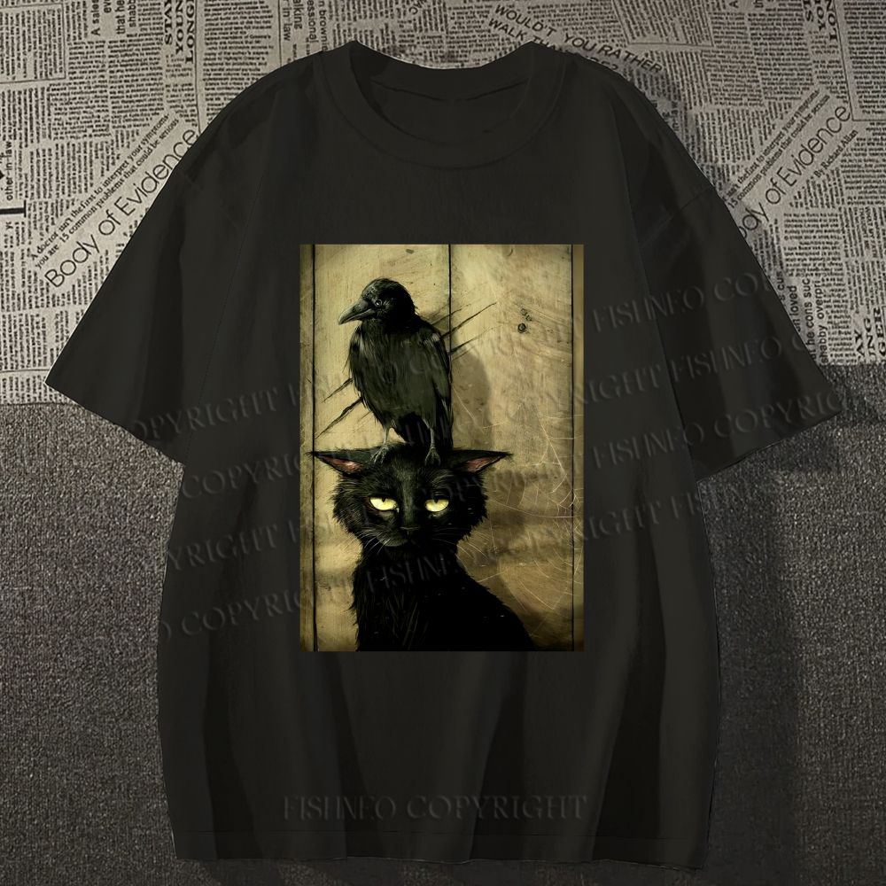 Unisex Classic Crow And Black Cat Cotton Printed T-shirt
