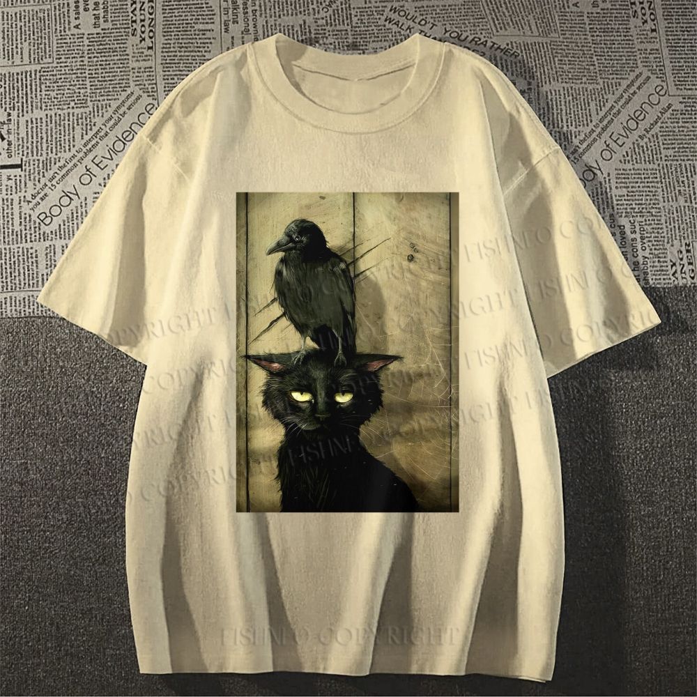 Unisex Classic Crow And Black Cat Cotton Printed T-shirt