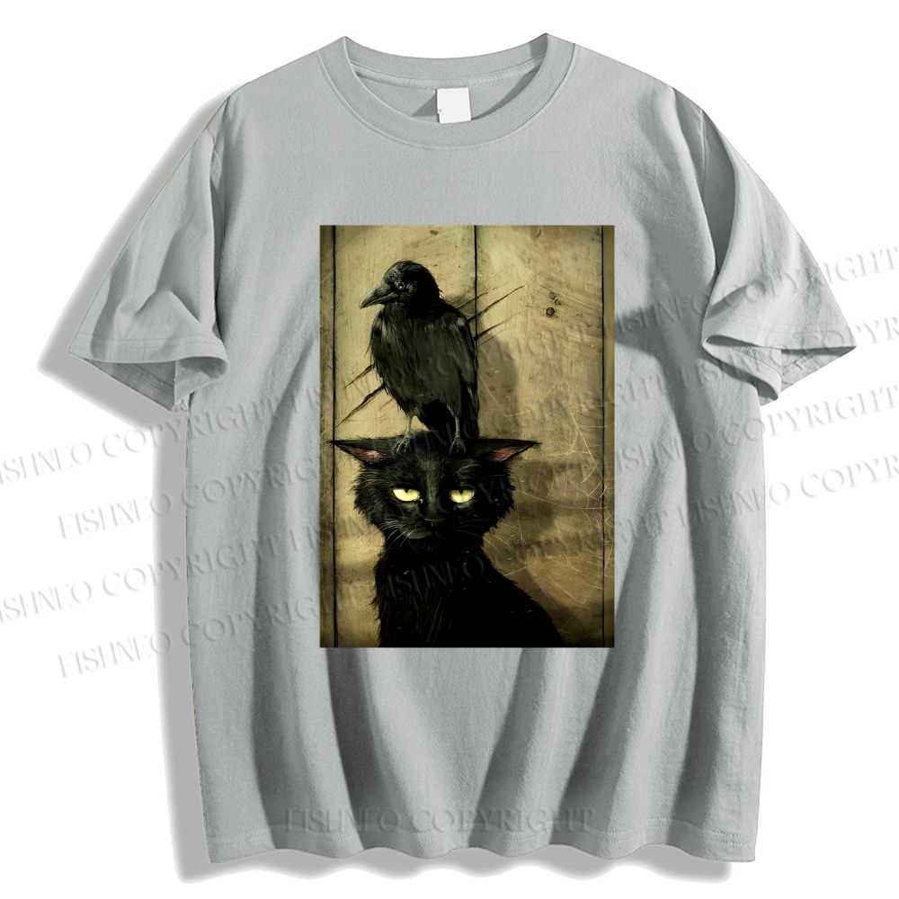 Unisex Classic Crow And Black Cat Cotton Printed T-shirt