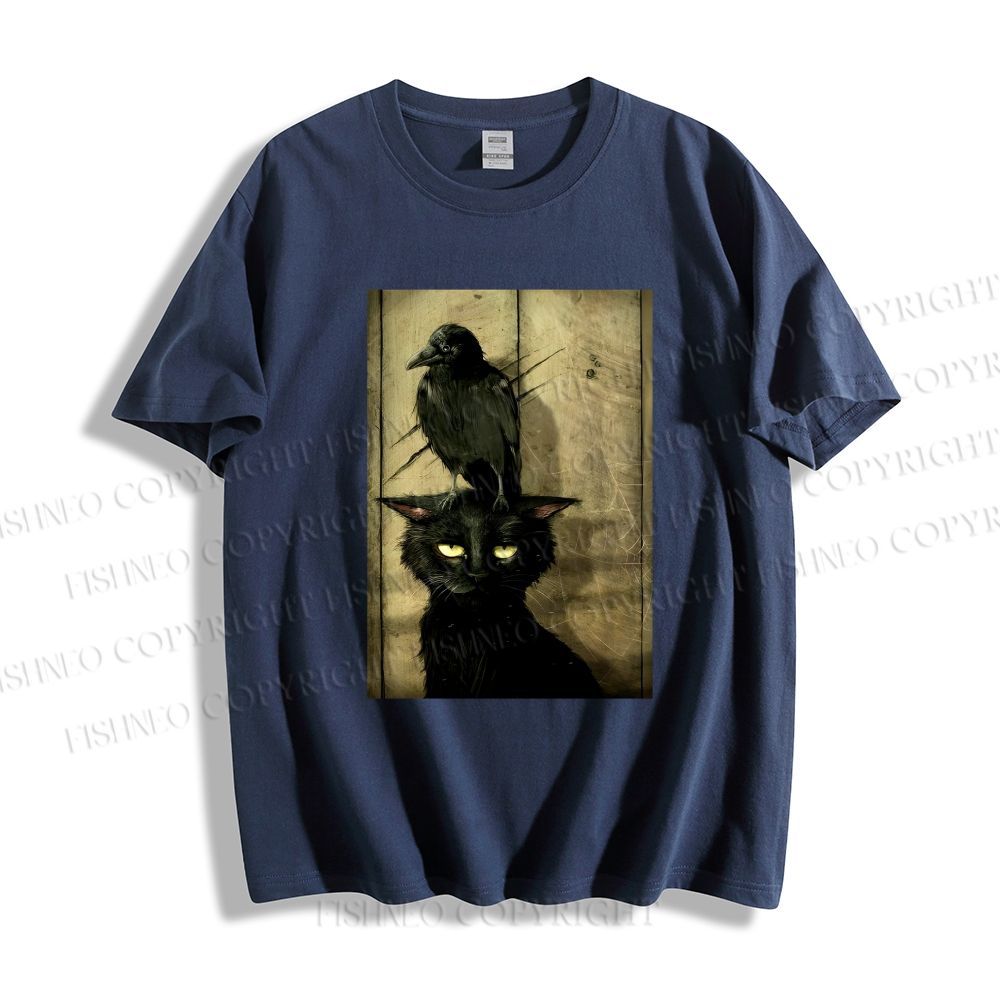 Unisex Classic Crow And Black Cat Cotton Printed T-shirt