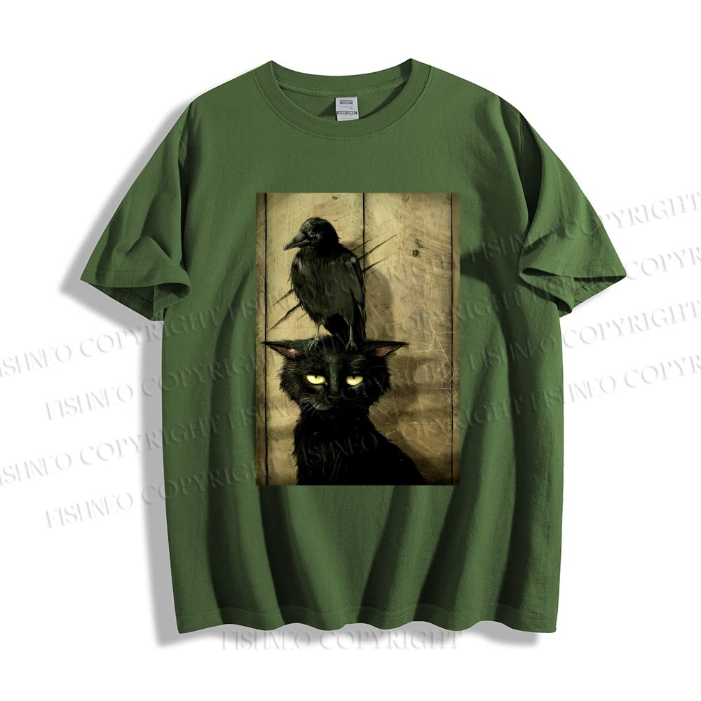 Unisex Classic Crow And Black Cat Cotton Printed T-shirt