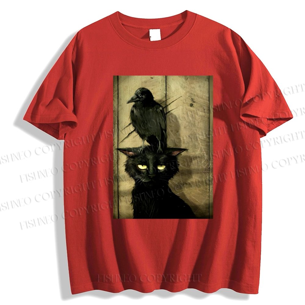 Unisex Classic Crow And Black Cat Cotton Printed T-shirt