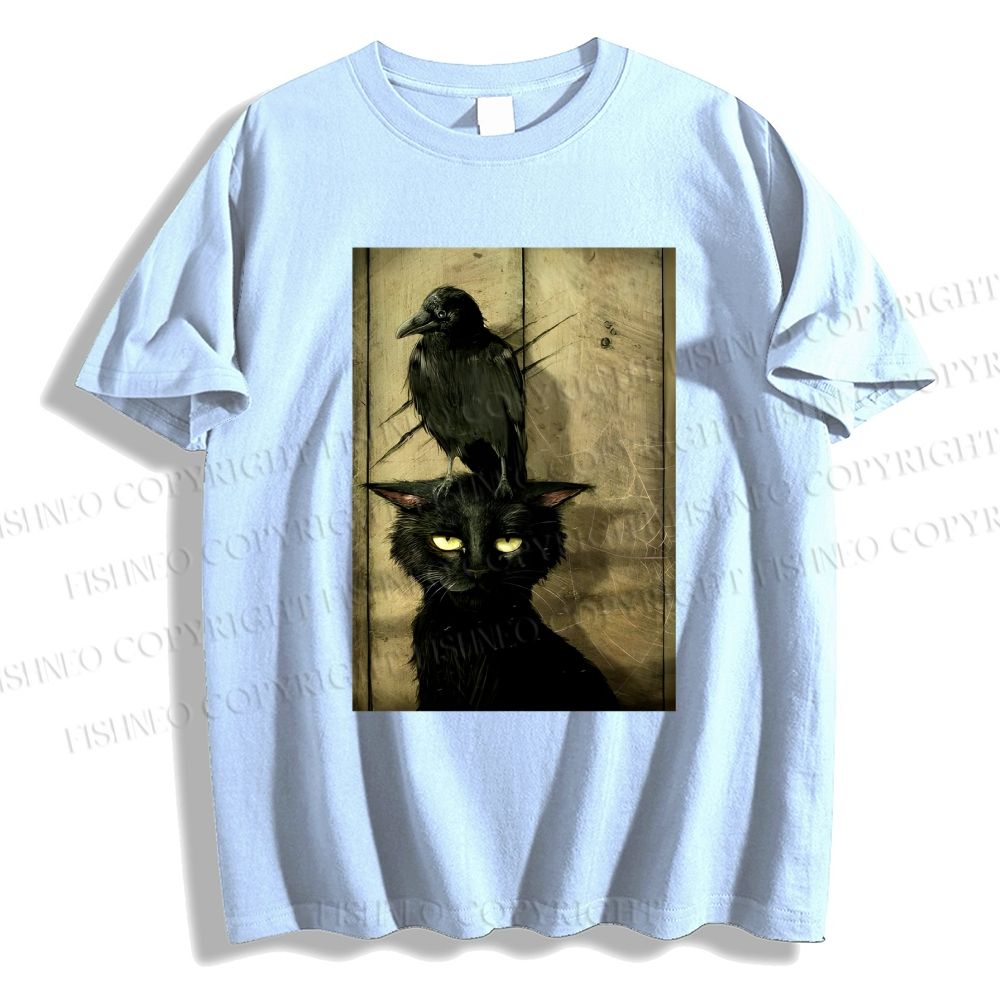 Unisex Classic Crow And Black Cat Cotton Printed T-shirt