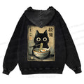 Casual Cat Eating Ramen Printed Washed Hoodie