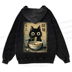 Casual Cat Eating Ramen Printed Washed Hoodie