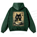 Casual Cat Eating Ramen Printed Washed Hoodie