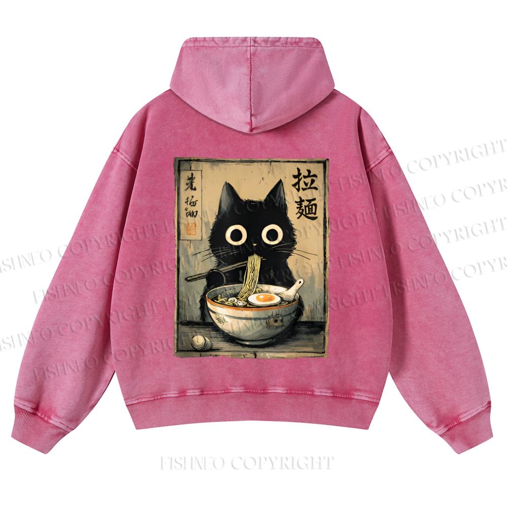 Casual Cat Eating Ramen Printed Washed Hoodie