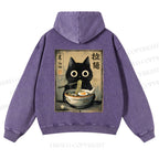 Casual Cat Eating Ramen Printed Washed Hoodie