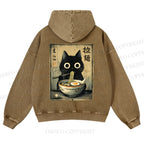 Casual Cat Eating Ramen Printed Washed Hoodie