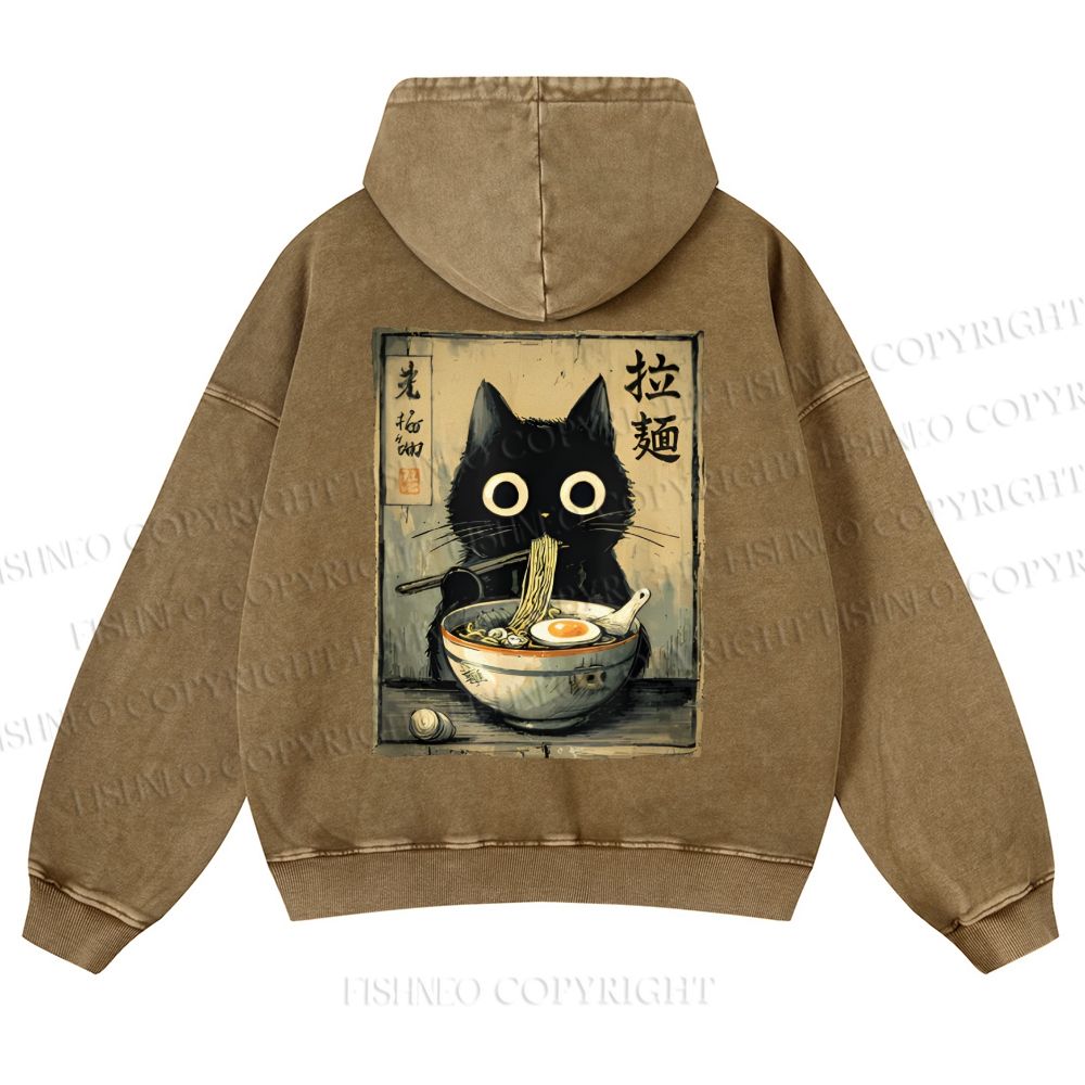 Casual Cat Eating Ramen Printed Washed Hoodie