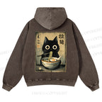 Casual Cat Eating Ramen Printed Washed Hoodie