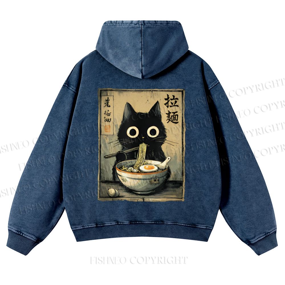 Casual Cat Eating Ramen Printed Washed Hoodie
