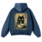 Casual Cat Eating Ramen Printed Washed Hoodie