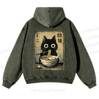Casual Cat Eating Ramen Printed Washed Hoodie