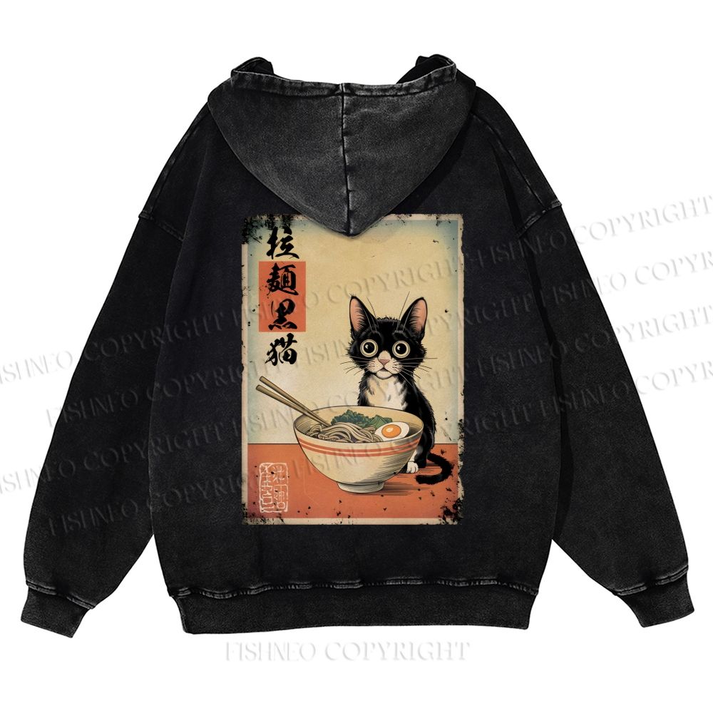 Casual Ramen Black Cat Printed Washed Hoodie