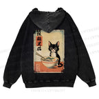 Casual Ramen Black Cat Printed Washed Hoodie