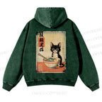 Casual Ramen Black Cat Printed Washed Hoodie