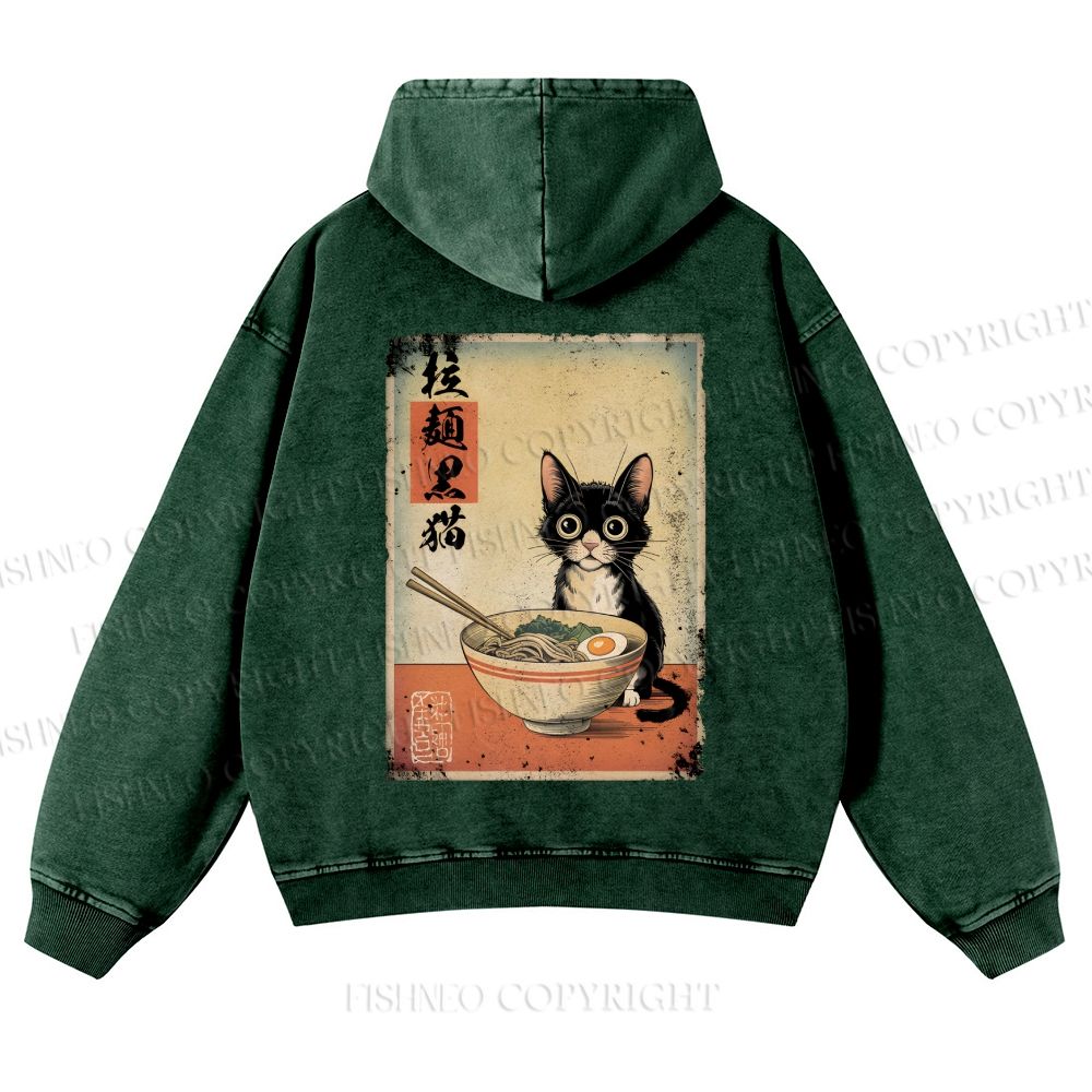 Casual Ramen Black Cat Printed Washed Hoodie
