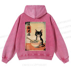Casual Ramen Black Cat Printed Washed Hoodie