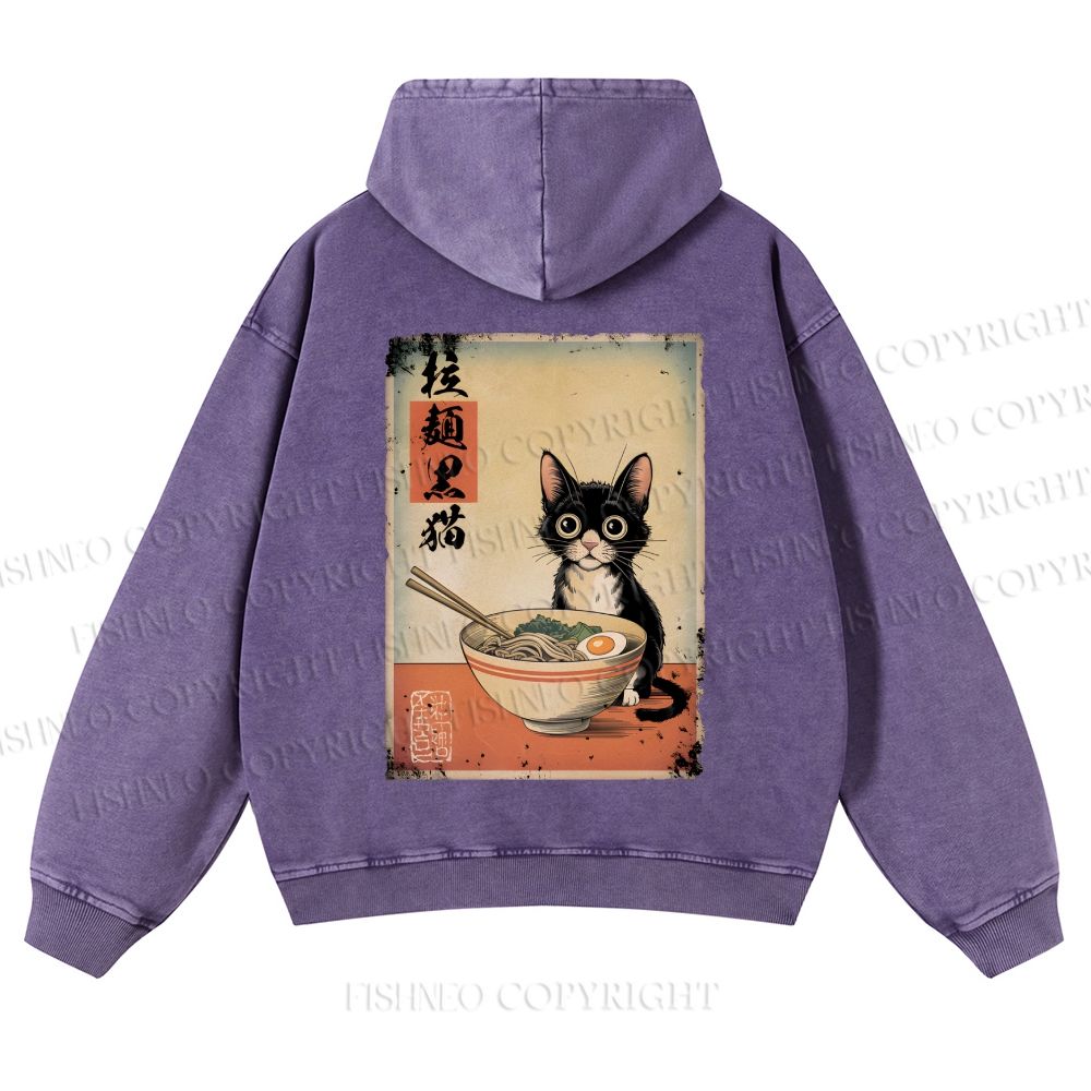 Casual Ramen Black Cat Printed Washed Hoodie