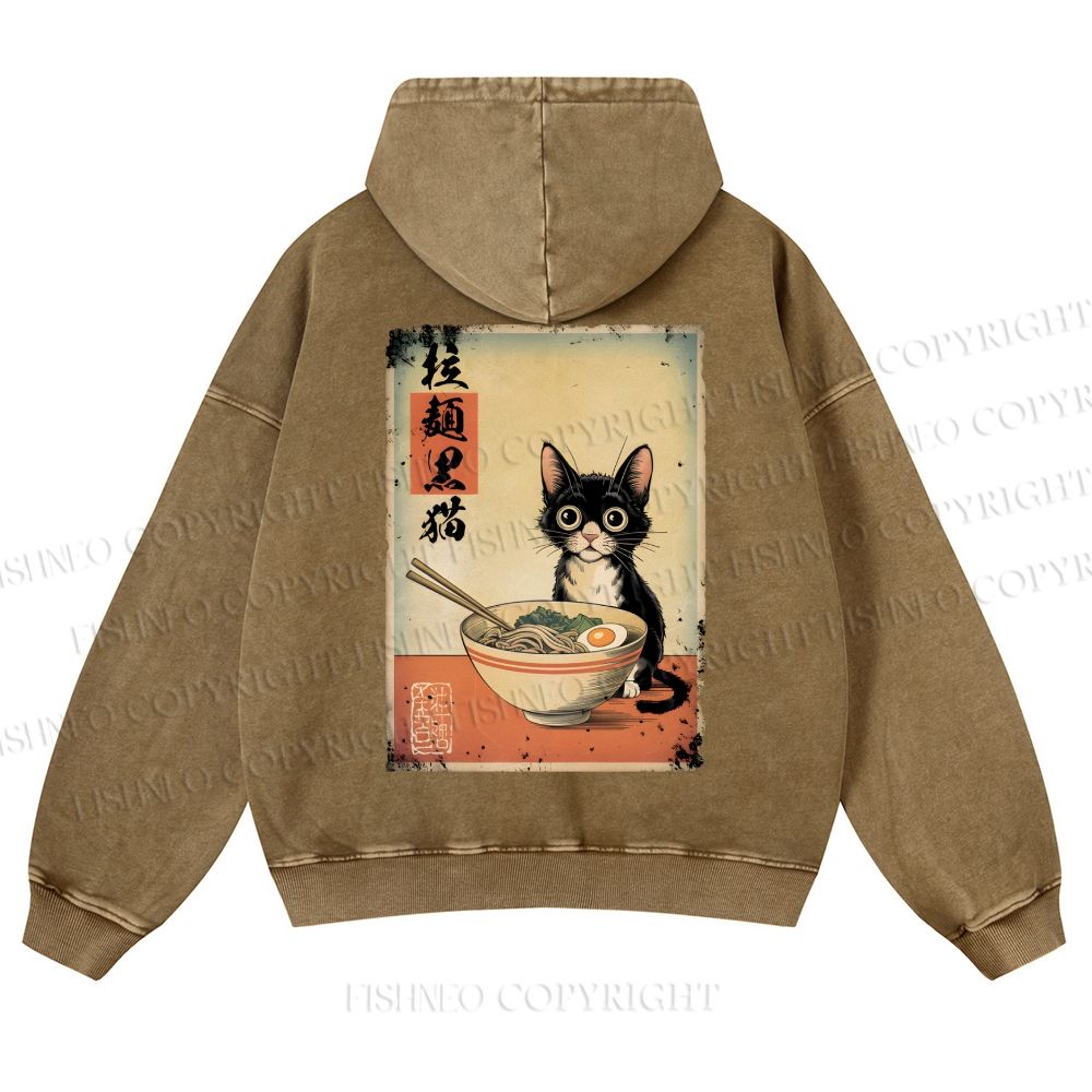 Casual Ramen Black Cat Printed Washed Hoodie