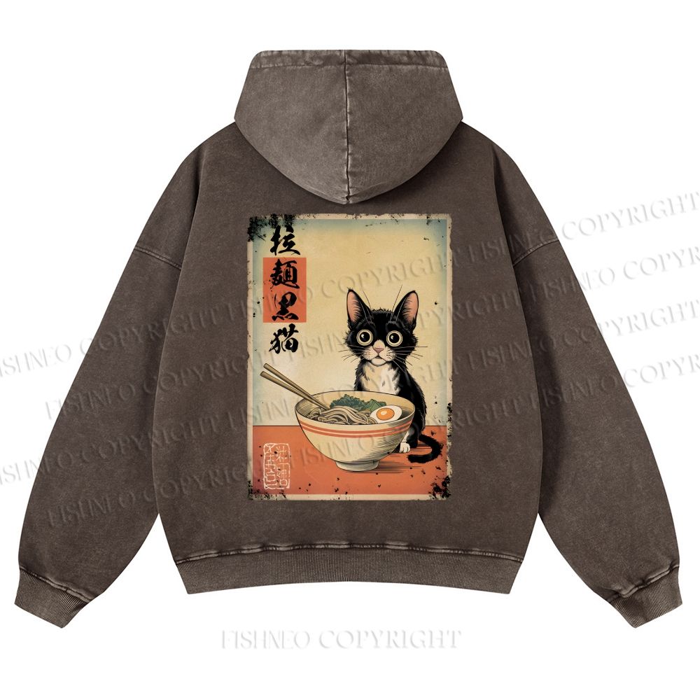 Casual Ramen Black Cat Printed Washed Hoodie