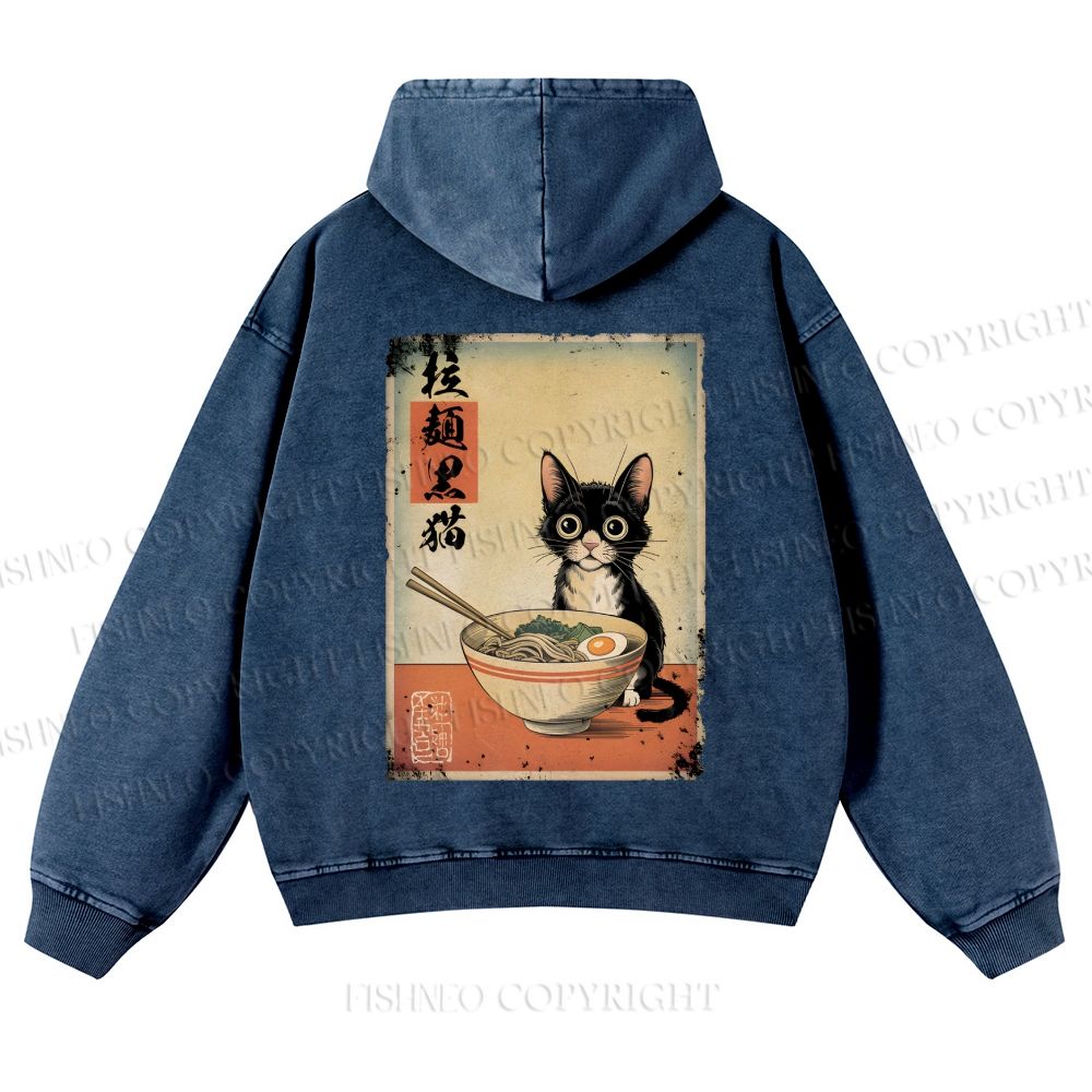 Casual Ramen Black Cat Printed Washed Hoodie
