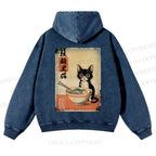 Casual Ramen Black Cat Printed Washed Hoodie