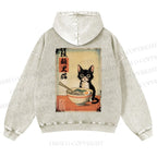 Casual Ramen Black Cat Printed Washed Hoodie