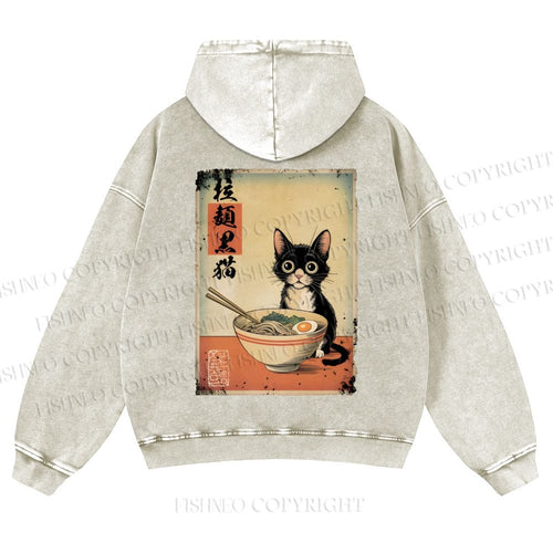 Casual Ramen Black Cat Printed Washed Hoodie