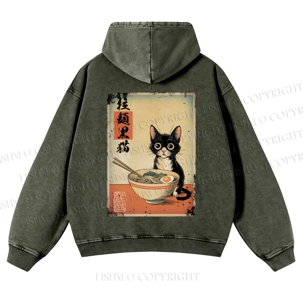 Casual Ramen Black Cat Printed Washed Hoodie