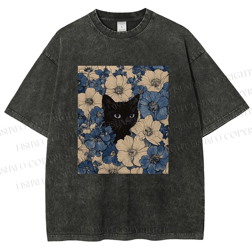 Unisex Cat & Flowers Printed Washed Tee