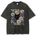 Unisex Cat & Flowers Printed Washed Tee