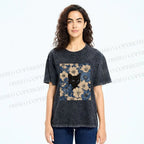 Unisex Cat & Flowers Printed Washed Tee