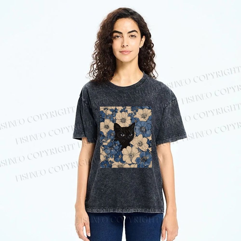 Unisex Cat & Flowers Printed Washed Tee