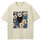 Unisex Cat & Flowers Printed Washed Tee