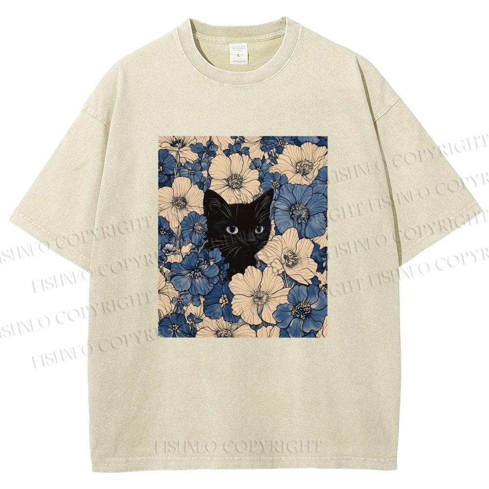 Unisex Cat & Flowers Printed Washed Tee