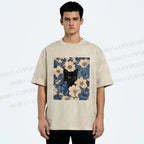 Unisex Cat & Flowers Printed Washed Tee
