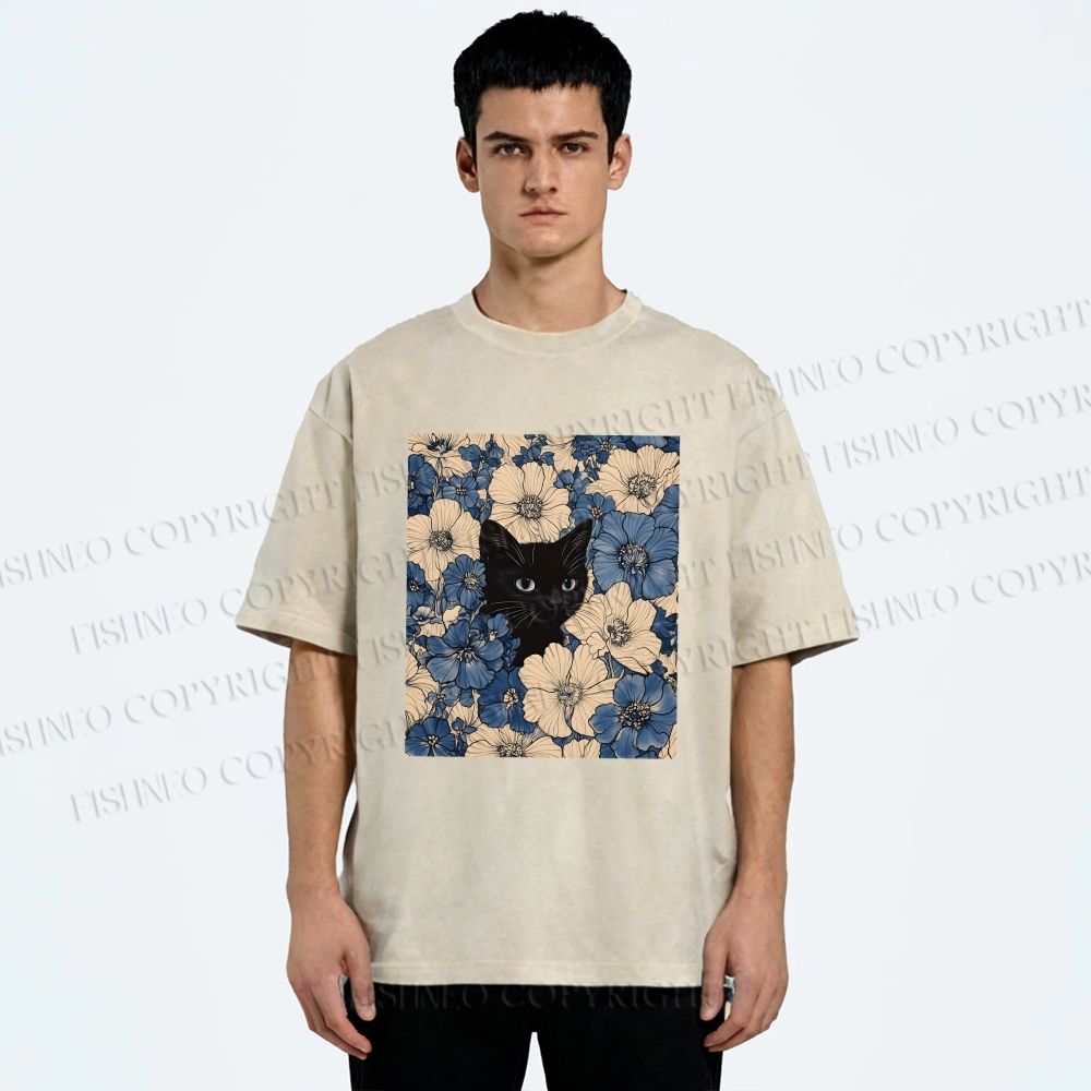 Unisex Cat & Flowers Printed Washed Tee