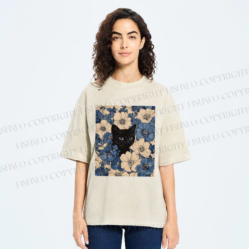 Unisex Cat & Flowers Printed Washed Tee