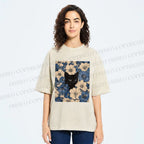 Unisex Cat & Flowers Printed Washed Tee