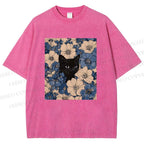 Unisex Cat & Flowers Printed Washed Tee