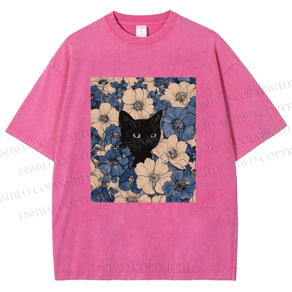 Unisex Cat & Flowers Printed Washed Tee