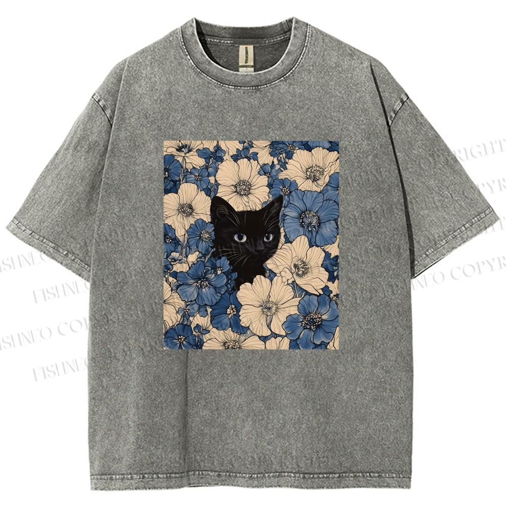 Unisex Cat & Flowers Printed Washed Tee