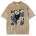 Unisex Cat & Flowers Printed Washed Tee