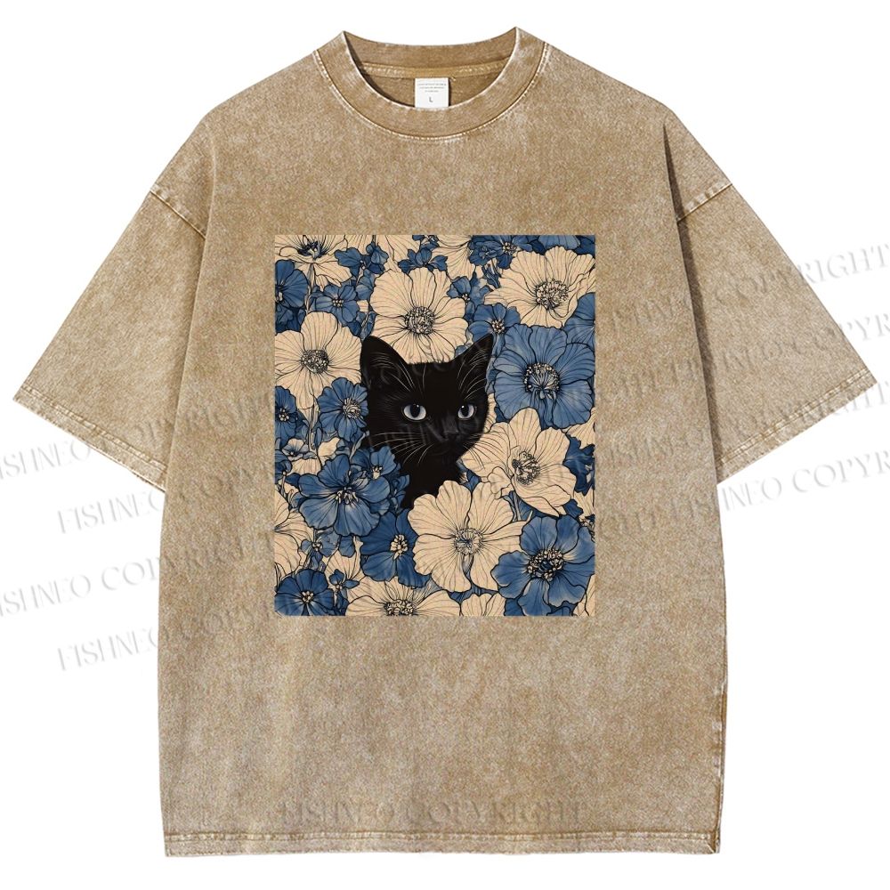 Unisex Cat & Flowers Printed Washed Tee